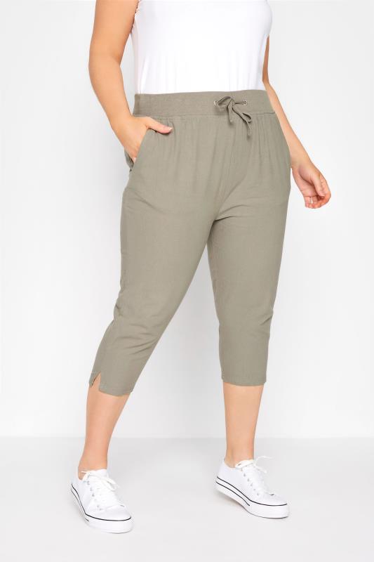  Grande Taille Curve Khaki Green Cool Cotton Cropped Joggers