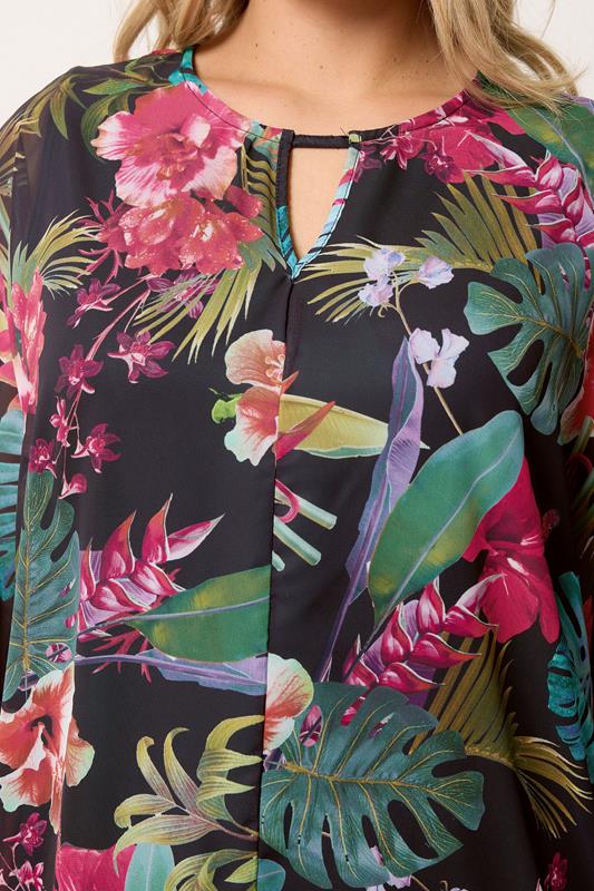 YOURS Plus Size Black Tropical Print Keyhole Detail Top | Yours Clothing 4