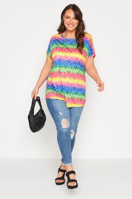 Curve Yellow & Pink Rainbow Stripe Leopard Print T-Shirt 2