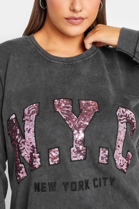 YOURS LUXURY Plus Size Grey Acid Wash Embellished 'NYC' Sweatshirt | Yours Clothing 5