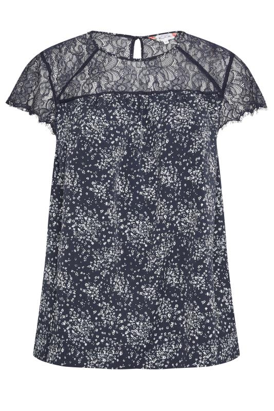 Manon Bapitise Navy & White Floral Print Lace Insert Top 1