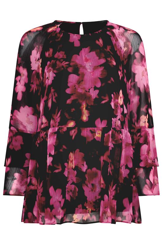  STAR blusa negra con estampado floral y mangas de volantes