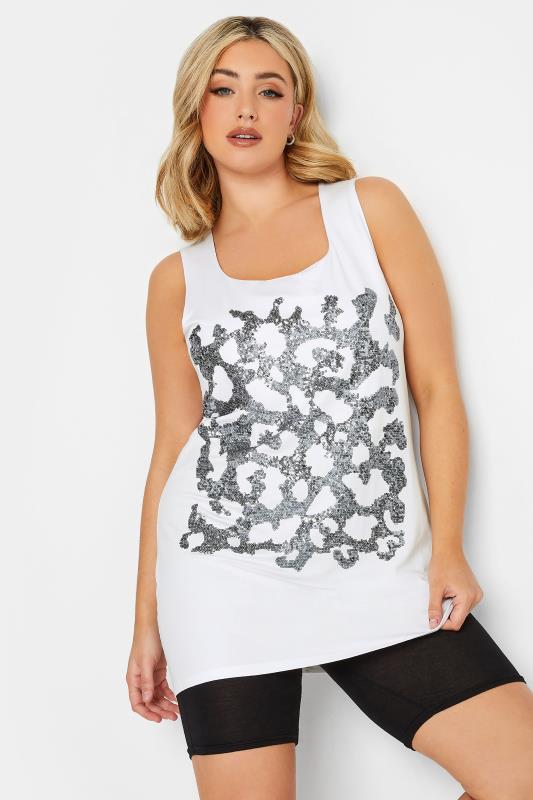YOURS Plus Size White Leopard Print Sequin Vest Top | Yours Clothing 1