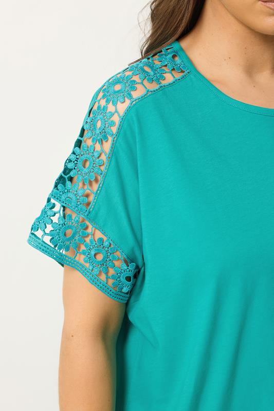 YOURS Plus Size Blue Crochet Sleeve T-Shirt | Yours Clothing 4