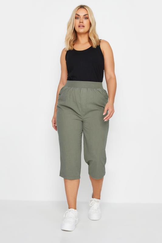 YOURS Plus Size Khaki Green Elasticated Cool Cotton Cropped Trousers | Yours Clothing 2