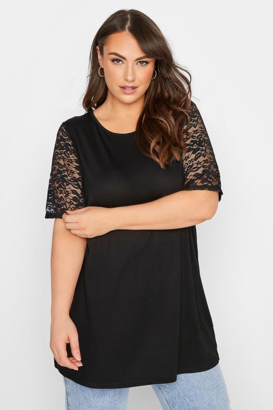 Plus Size  LIMITED COLLECTION Curve Black Lace Sleeve T-Shirt