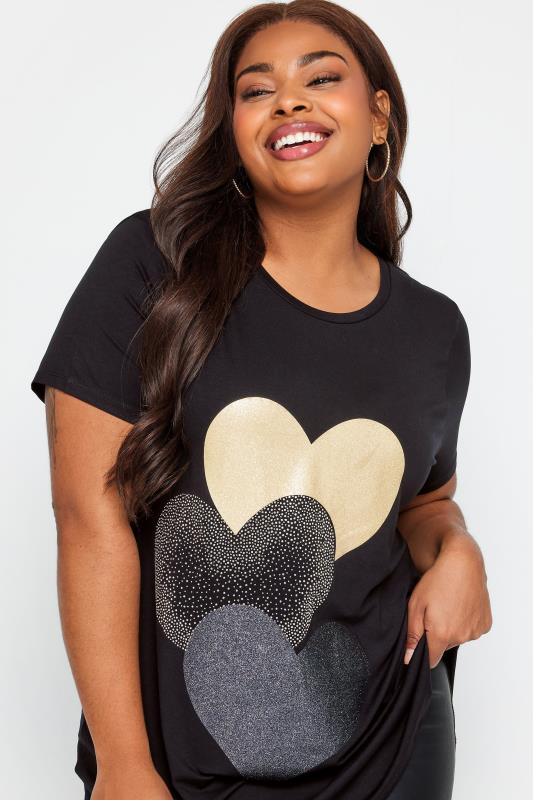 YOURS Curve Plus Size Black Glitter Heart Print T-Shirt | Yours Clothing  4