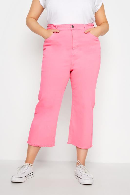 Curve Pink Stretch Wide Leg Cropped Jeans Sizes 14-32 2