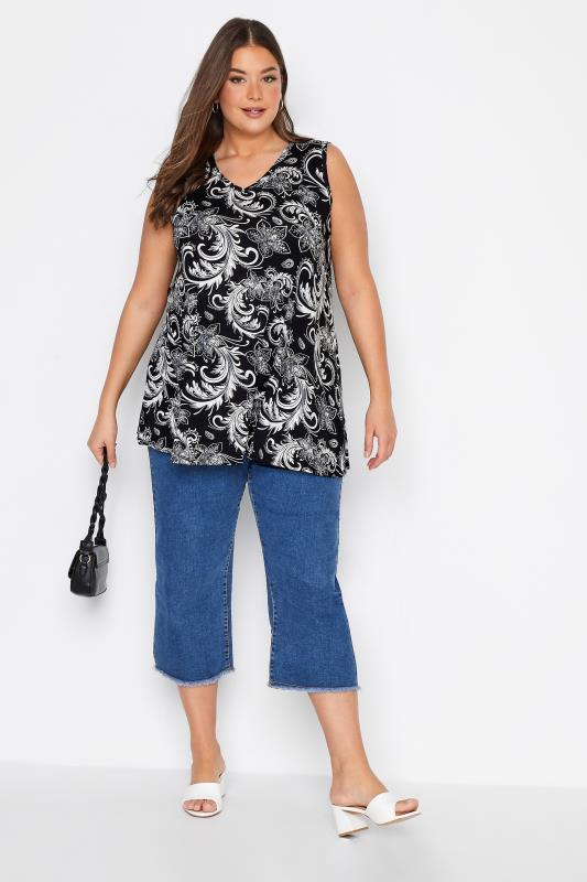 Plus Size Black Tropical Print Tie Back Top | Yours Clothing  2