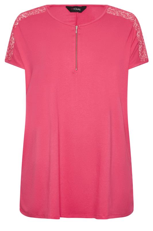YOURS Plus Size Pink Lace Sleeve Zip T-Shirt | Yours Clothing
