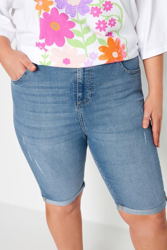 YOURS Plus Size Light Blue Cat Scratch Stretch Denim Shorts | Yours Clothing 5