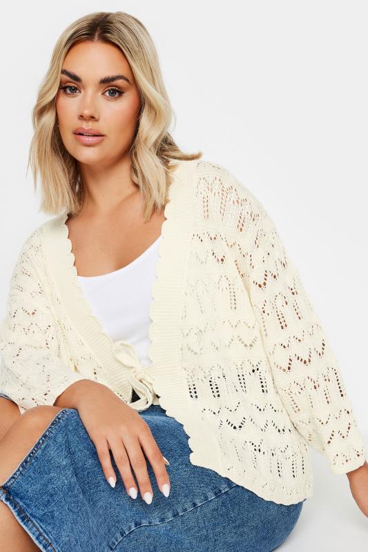 YOURS Plus Size Ivory White Crochet Tie Front Shrug | Yours Clothing 1