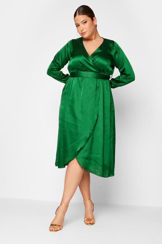 LIMITED COLLECTION Plus Size Forest Green Satin Wrap Dress | Yours Clothing 2