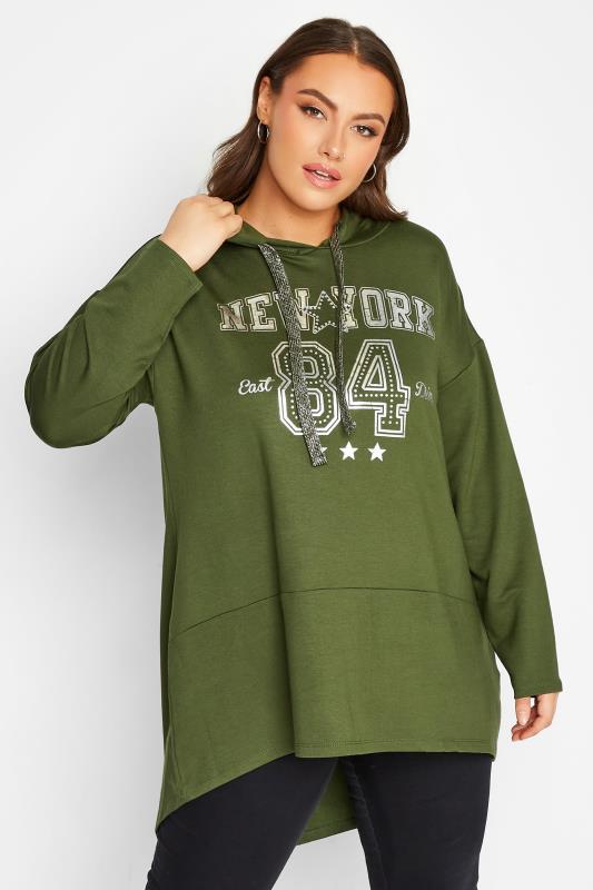 Plus Size  YOURS Curve Khaki Green 'New York' Dipped Hem Hoodie