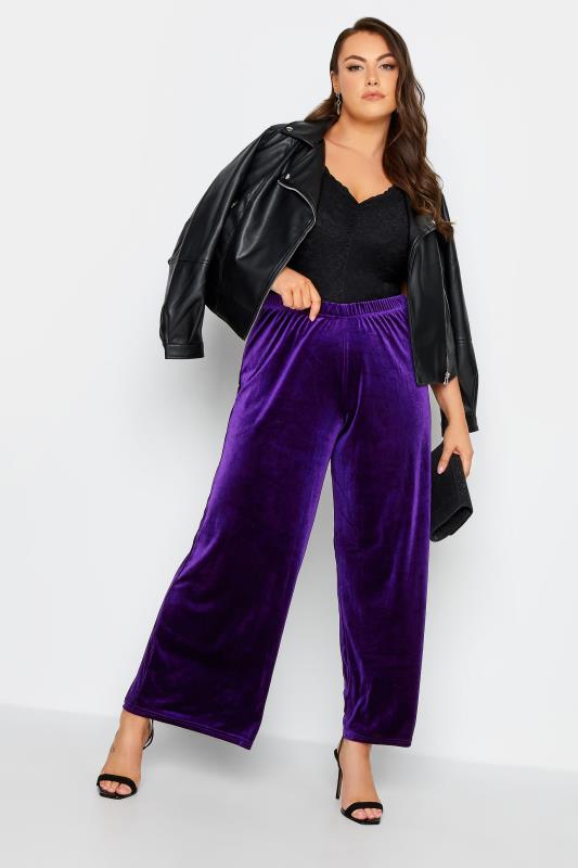 Plus Size Purple Wide Leg Stretch Velvet Trousers | Yours Clothing 2