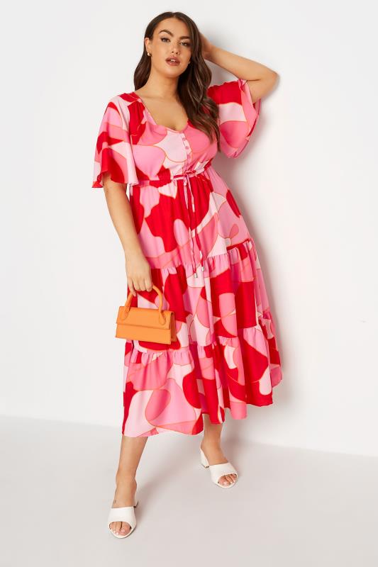 LIMITED COLLECTION Plus Size Pink Abstract Print Tiered Maxi Dress | Yours Clothing  2