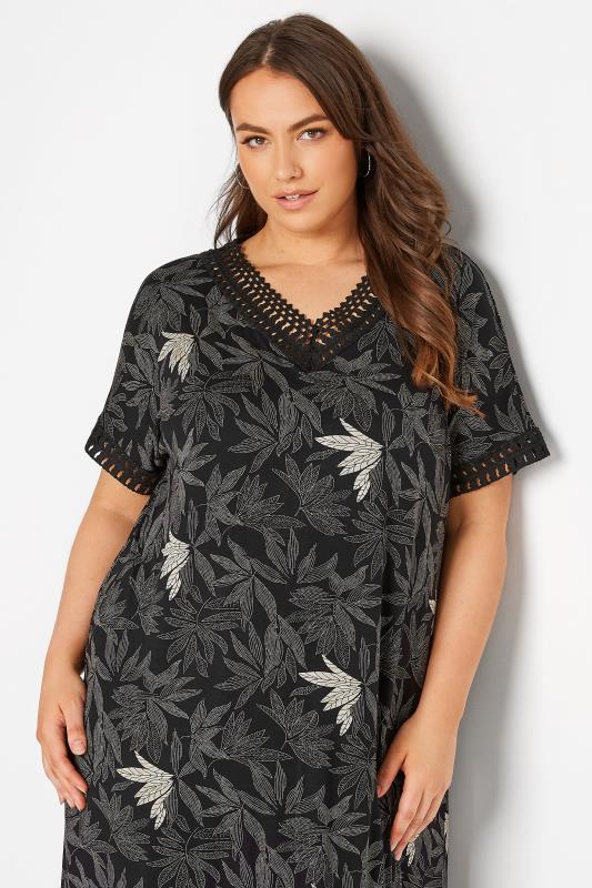 Plus Size Black Leaf Print Contrast Trim Tunic Dress | Yours Clothing 4