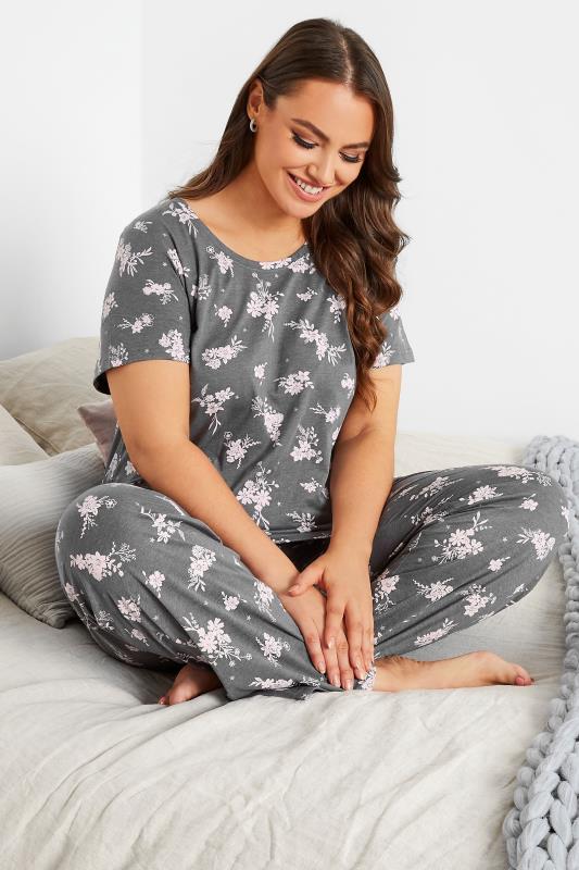 Plus Size Grey Floral Print Dipped Hem Pyjama Top | Yours Clothing 1