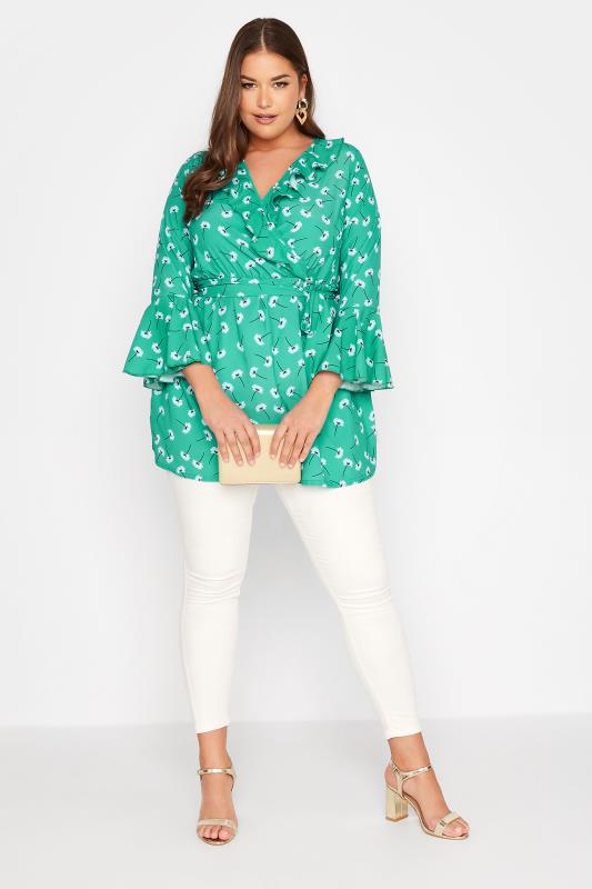 YOURS LONDON Plus Size Green Floral Ruffle Wrap Top | Yours Clothing 2