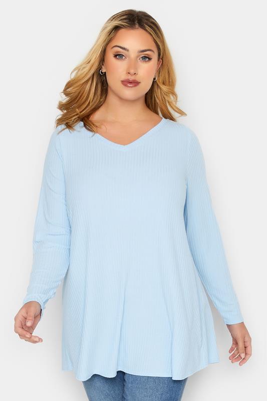  Grande Taille YOURS Curve Light Blue Long Sleeve Ribbed Swing Top