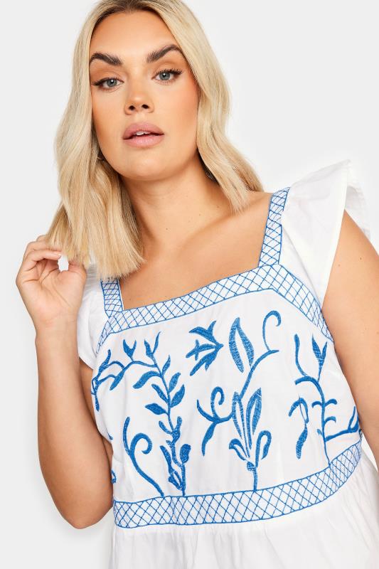 YOURS Plus Size White & Blue Embroidered Peplum Top | Yours Clothing 4