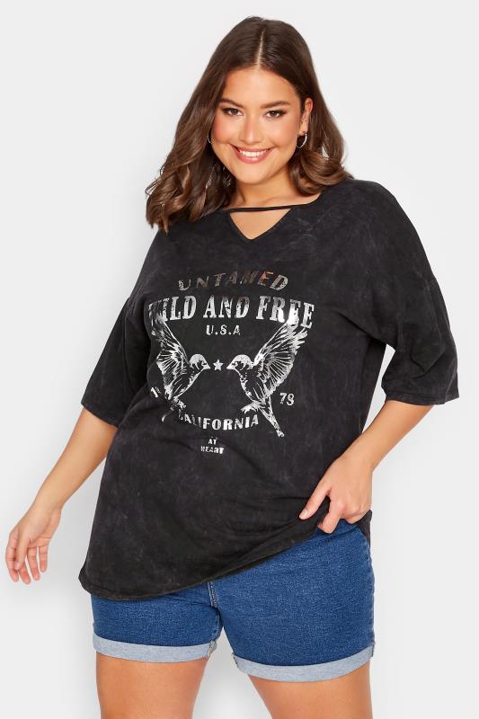 YOURS Plus Size Curve Black 'Untamed Wild & Free' Slogan Acid Wash T-Shirt | Yours Clothing  1