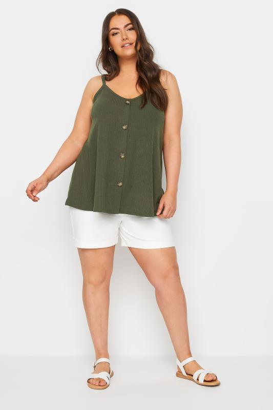 YOURS Plus Size Khaki Green Ribbed Button Front Cami Top | Yours Clothing 2