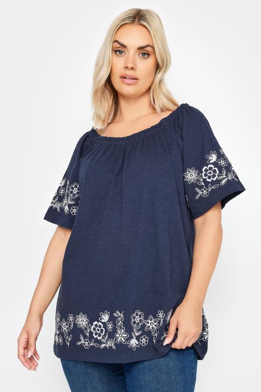 YOURS Plus Size Navy Blue Embroidered Detail Bardot Top | Yours Clothing 5