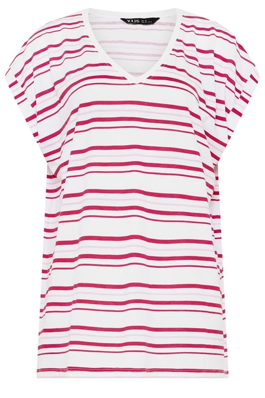 YOURS Plus Size White & Pink Stipe V-Neck T-Shirt | Yours Clothing 5