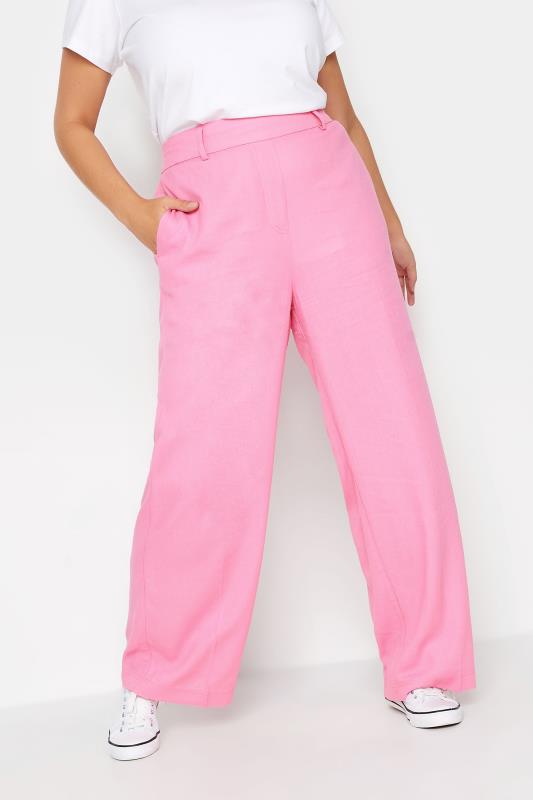 YOURS Plus Size Curve Pink Linen Blend Wide Leg Trousers | Yours Clothing  2
