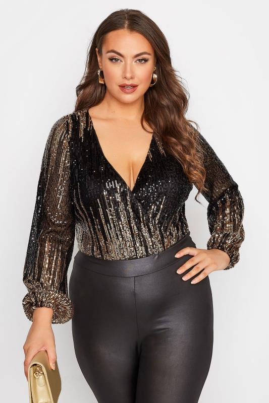YOURS LONDON Plus Size Black & Gold Sequin Embellished Wrap Bodysuit | Yours Clothing 1