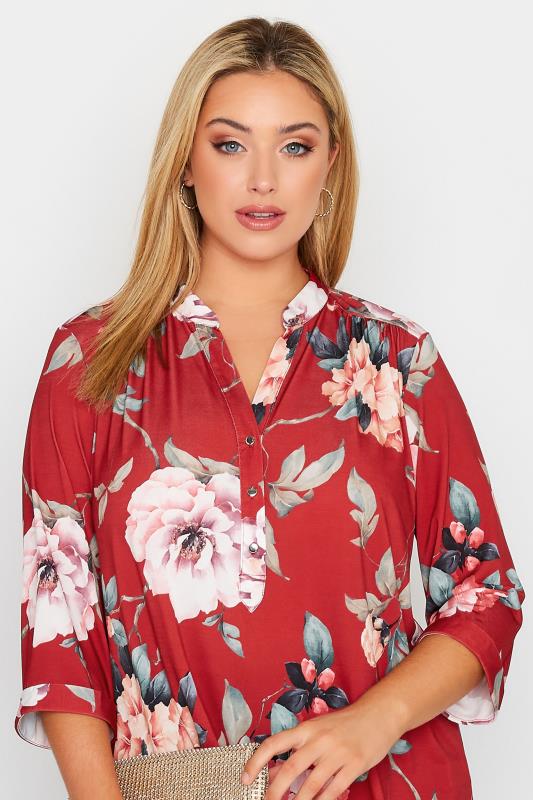 Curve Red & Pink Floral Half Placket Blouse | Yours Clothing 4