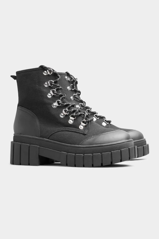 Tall  LIMITED COLLECTION Black Canvas Chunky Combat Boots In Wide E Fit