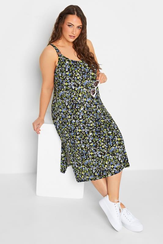 YOURS Curve Black Ditsy Floral Print Beach Dress | Yours Clothing 2
