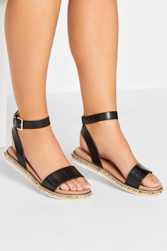 Black Croc Faux Leather Studded Sandals In Extra Wide EEE Fit | Yours Clothing 1