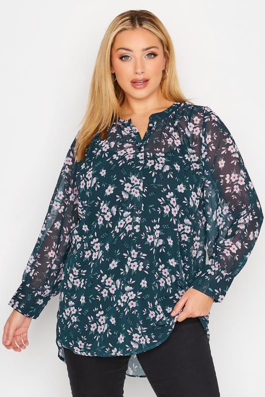 Plus Size Teal Blue Floral Print Balloon Sleeve Shirt | Yours Clothing 1