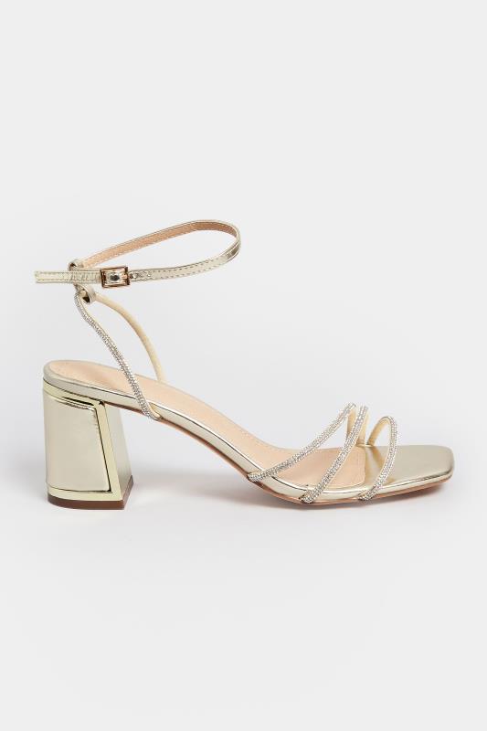 PixieGirl Gold Diamante Strap Mid Block Heel Sandals In Standard Fit | PixieGirl 3