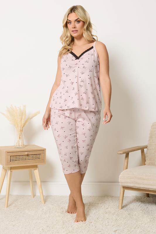 YOURS Plus Size Pink Bow & Heart Cami Cropped Pyjama Set | Yours Clothing 1