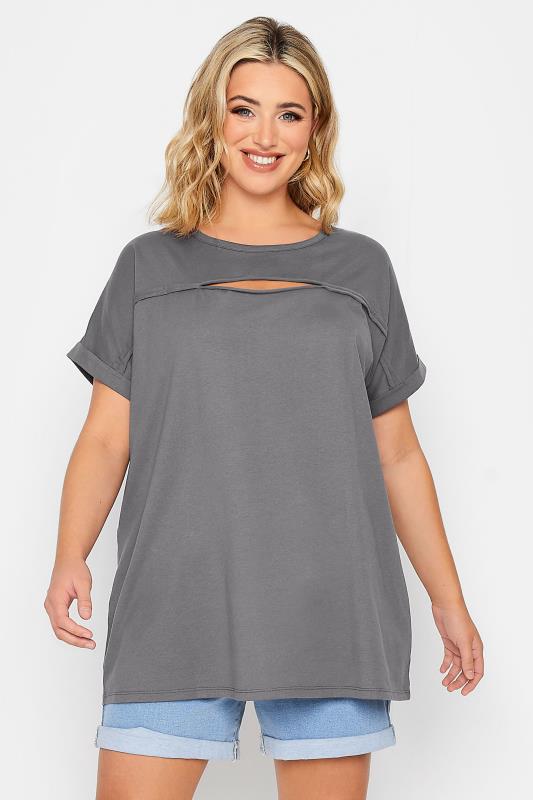 YOURS Curve Grey Cut Out T-Shirt | Yours Clothing 1