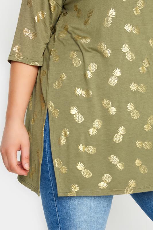 YOURS Curve Khaki Green Pineapple Foil Print T-Shirt 4
