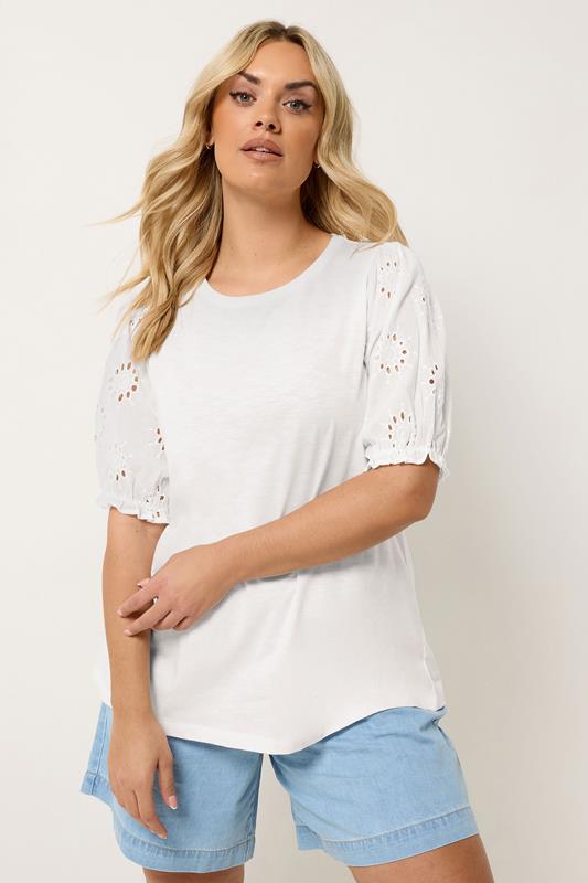 YOURS Plus Size White Broiderie Anglaise T-Shirt | Yours Clothing 1