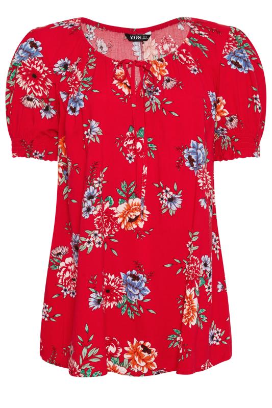 YOURS Plus Size Red Floral Print Tie Neck Top | Yours Clothing 5