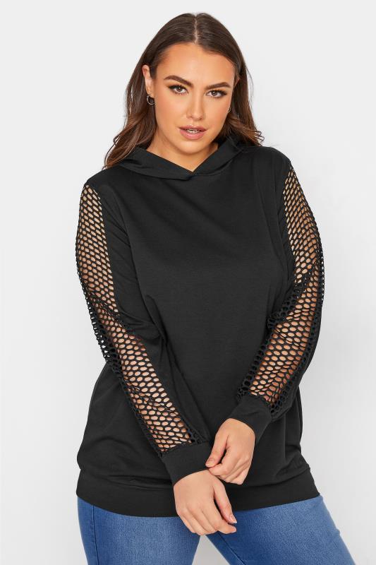 Plus Size Hoodies & Jackets LIMITED COLLECTION Curve Black Fishnet Sleeve Hoodie