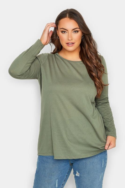 Plus Size Khaki Green Long Sleeve T-Shirt | Yours Clothing 1