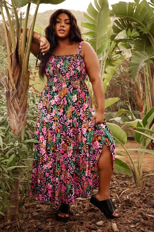 Plus Size  YOURS Curve Pink Tropical Print Tiered Maxi Dress