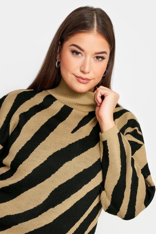 YOURS Plus Size Beige Brown Zebra Print Turtle Neck Jumper | Yours Clothing 4