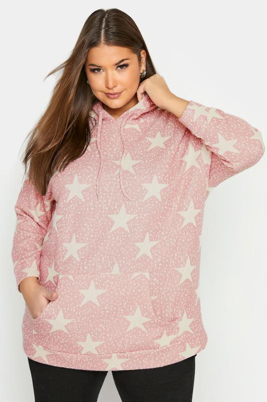 Plus Size  Curve Pink Star Print Knitted Hoodie