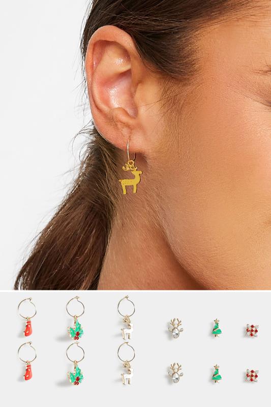6 PACK Gold Christmas Earrings Set | Yours Clothing 1