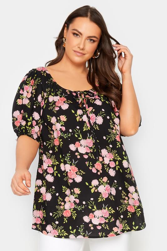 YOURS Plus Size Black Floral Tie Front Gypsy Top | Yours Clothing 1