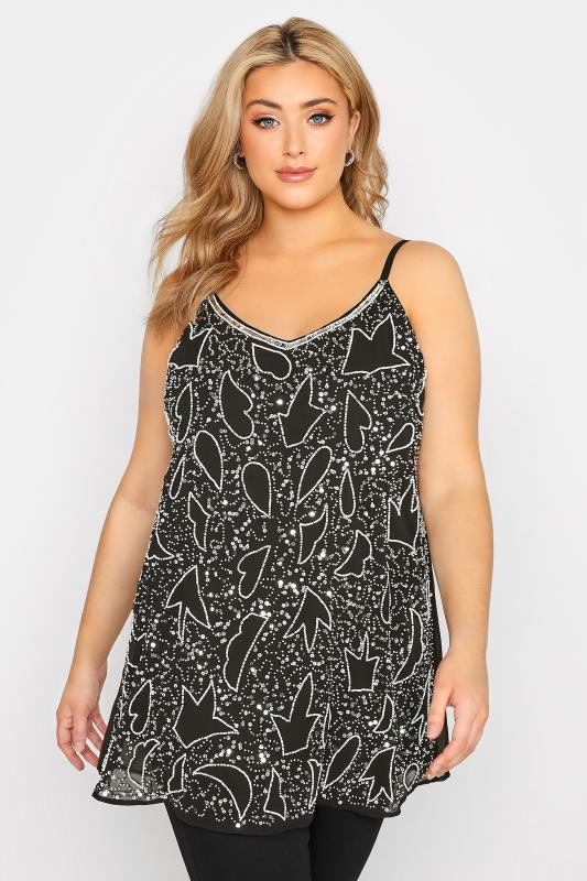 LUXE Curve Black Abstract Sequin Hand Embellished Cami Top 1